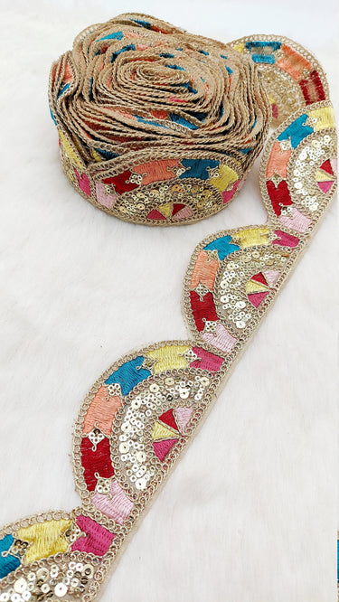 9 Yards Multicoloured Embroidered Trim, Decorative Trim, Indian Sari Border Sequin Trimming